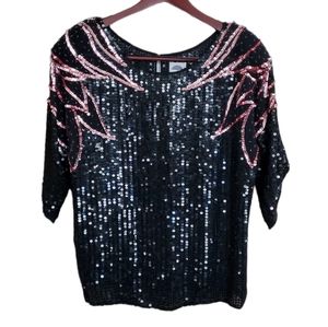 Vintage F. A. Chatta Silk Sequin Top Black Pink Large